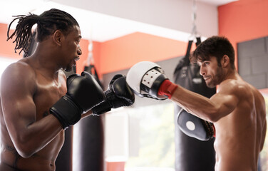 Men, coach and martial arts with combat workout in fight, gloves and partner for punch at gym....