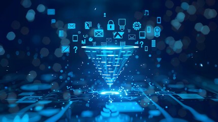 Futuristic Building with Digital Marketing Icons Funnel Online Adv