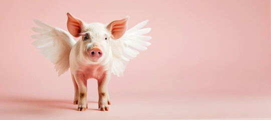 Pig with Wings on Pink Background Banner with Copy Space