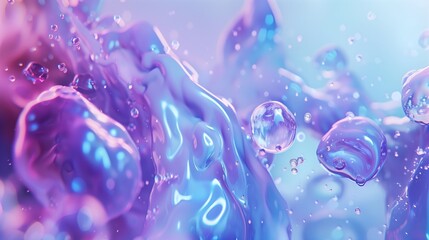 A blue and purple bubble liquid on blue background. Colorful biomorphic forms. Abstract background,...