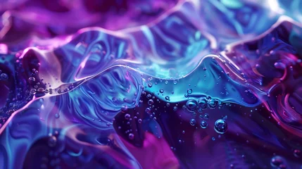 Poster Macrofotografie A blue and purple bubble liquid. Colorful biomorphic forms. Abstract background, texture. Generated by artificial intelligence. 