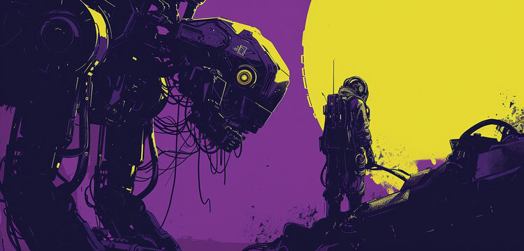 An Autonomous Repair Unit Fixing Machinery, Observed By An Alien Figure, Illuminated In Yellow And Black, On A Deep Purple Background