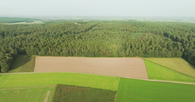 Aerial view of open fields and mixed forest Landgoed Huis Bergh, Zeddam, Montferland, Gelderland, Netherlands.