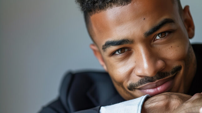 Close-up portrait of stylish trendy mixed ethnicity businessman entrepreneur wearing fashionable modern clothing and smiling and staring at the camera, isolated, modern corporate neutral background