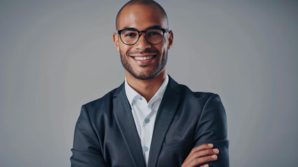 Close-up portrait of stylish trendy mixed ethnicity businessman entrepreneur wearing fashionable modern clothing and smiling and staring at the camera, isolated, modern corporate neutral background - Powered by Adobe