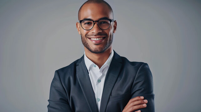Close-up portrait of stylish trendy mixed ethnicity businessman entrepreneur wearing fashionable modern clothing and smiling and staring at the camera, isolated, modern corporate neutral background
