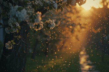 A blossoming spring apple garden in the light of the setting sun