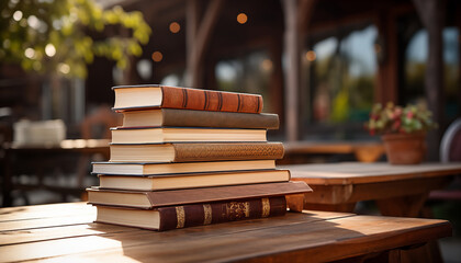 stack of books on a wooden table against a blurred library background.