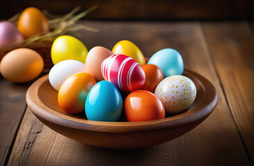 Fototapeta na wymiar Easter eggs in the nest on rustic wooden background. easter holiday