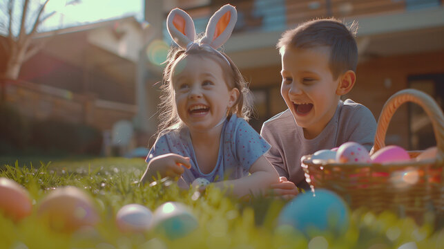 Joyful Kids Wearing Bunny Ears Laughing and Playing on Easter, Happy Siblings with Colorful Eggs in Garden, Festive Springtime Fun, Cheerful Childhood Moments Outdoors