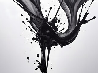 Elegant Black Ink Splash Captured Mid-Air Against White Background