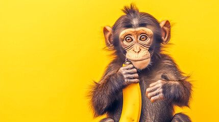 A primate is seated on a yellow background, eating a banana, copy space - obrazy, fototapety, plakaty