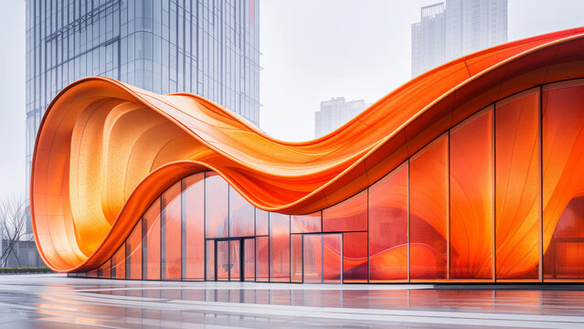 Futuristic red wavy architecture of a modern building in a cityscape, with a dynamic and sleek design, under a clear sky.