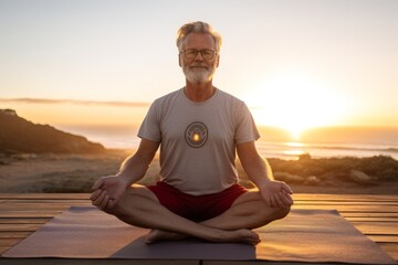 Fototapeta na wymiar Senior man practicing yoga at the beach during sunset. Senior man meditating in lotus position.