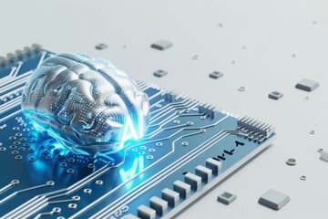 AI Brain Chip dopamine. Artificial Intelligence medical diagnostics mind wireless communication circuits axon. Semiconductor erp circuit board supply chain management - obrazy, fototapety, plakaty