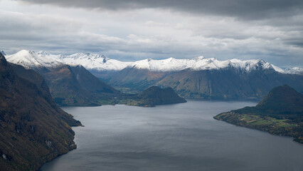 Panoramic view of the mountains and fjords of the Andalsnes Valley, Norway.