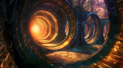 Radiant Tunnel Light Painting - Harmonious Haven Landscape