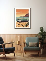 Vintage Seaside Rides: Aesthetic Coastal Art Print of Beach Drive Illustrated Cars