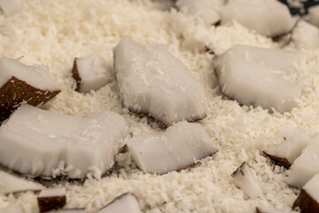 white coconut pulp and dried coconut flakes