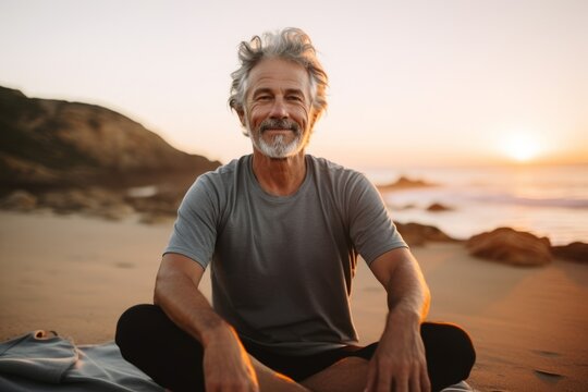 Senior man meditating on the beach at sunrise. Healthy lifestyle.