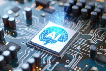 AI Brain Chip dentate gyrus. Artificial Intelligence modem mind brain network axon. Semiconductor artificial intelligence ct circuit board alzheimer disease treatment - obrazy, fototapety, plakaty