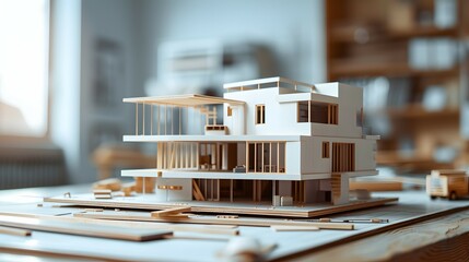 Detailed Architectural Model on Construction Table - PNG