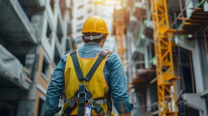 Safety Vest and Hard Hat Construction Worker Ascending Height