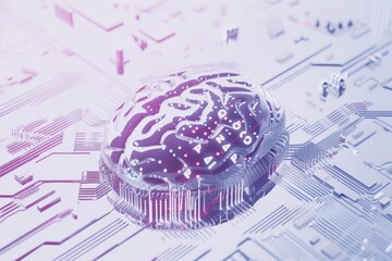 AI Brain Chip communication interface. Artificial Intelligence forecast mind image segmentation axon. Semiconductor operating system circuit board brain tumor grading - obrazy, fototapety, plakaty