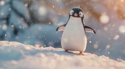 Playful Penguin in Snowy Landscape - Comedic Pose Image