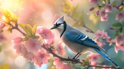 Blue Jay Perched on Flowering Tree Branch in Spring Garden