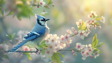 Blue Jay Perched on Spring Branch in Blooming Garden