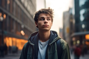 Fototapeta premium POTRAIT OF Young Man Exploring the City Streets Amidst Urban Lights and Evening Hues