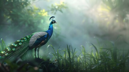 Misty Morning Peacock Standing on Rock Grass Image