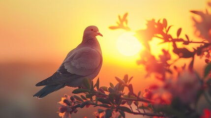 Golden Sunrise Graceful Dove Perched on Tree Branch at Sunset