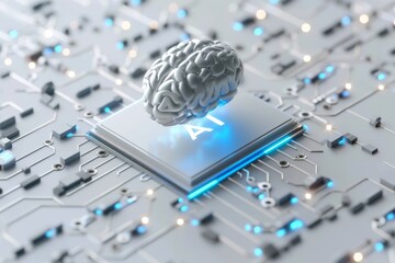 AI Brain Chip iam. Artificial Intelligence neuromuscular disorders mind neurotechnology research axon. Semiconductor digital communication circuit board neurofeedback - obrazy, fototapety, plakaty