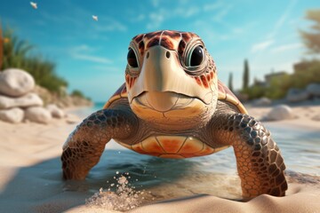 Beautiful turtle in close-up strolls along a stunning sandy beach on a sunny day - obrazy, fototapety, plakaty
