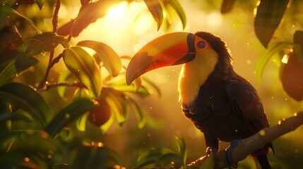 Tropical Sunset Toucan Perched on Branch in Tree