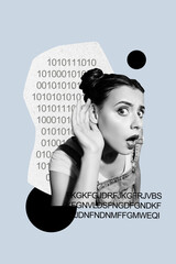 Vertical collage picture of impressed black white colors girl arm near ear listen eavesdropping...