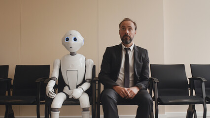 man and AI robot are waiting for job interview