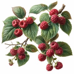 In nature's bounty, vibrant red raspberries thrive on lush green bushes, offering sweet summer indulgence. - obrazy, fototapety, plakaty