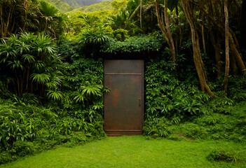 The entrance to an underground bunker in the jungle of the island of Hawaii is a shelter during a nuclear war - obrazy, fototapety, plakaty