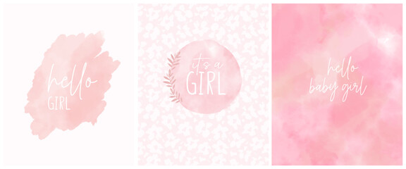 Set of 3 Watercolor Baby Shower Prints. It's a Girl. Cute Vector Card with Floral Motif on a Light Pink Background. Trendy Art for Baby Girl Welcome Party. Lovely Girly Illustration. RGB. - 741442120