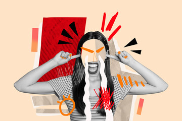 Composite collage picture of black white colors girl painted face fingers close ears cry isolated...