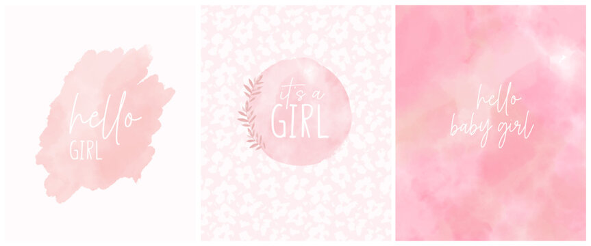 Set of 3 Watercolor Baby Shower Prints. It's a Girl. Cute Vector Card with Floral Motif on a Light Pink Background. Trendy Art for Baby Girl Welcome Party. Lovely Girly Illustration. RGB.