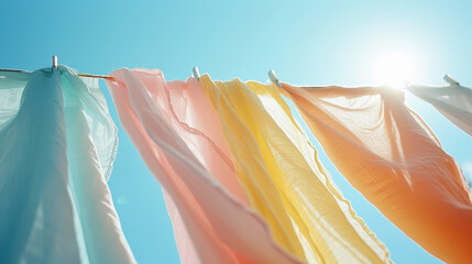 Pastel coloured sheets dry on clothesline against the background of blue sunny sky. Laundry day...