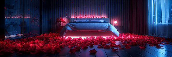 luxury hotel room adorned with red flowers, Romantic Bedroom Ambiance with Candles and Rose Petals, 

