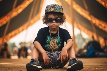 Portrait of a little boy sitting on the ground and listening to music - Powered by Adobe