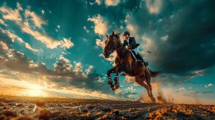 Equestrian jumper in mid air over jump, capturing precision and athleticism in close up shot