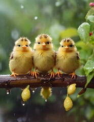 natural panoramic photo with little funny birds and Chicks sitting on a branch in summer garden in the rain Generative AI