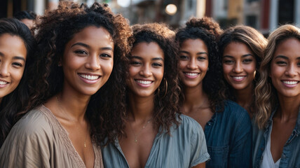 smiling group of multiracial women friends posing in ethnic casual clothes